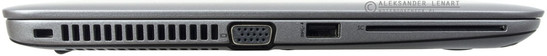 lewy bok: gniazdo blokady Kensingtona, wylot powietrza z układu chłodzenia, VGA, USB 3.0 (ładowanie), czytnik SmartCard