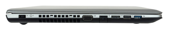 lewy bok: gniazdo zasilania, przycisk przywracania systemu, wylot powietrza z układu chłodzenia, VGA (D-Sub), LAN, HDMI, USB 2.0, USB 3.0