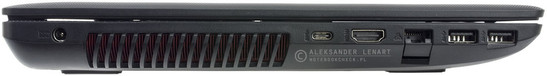 lewy bok: gniazdo zasilania, wylot powietrza z układu chłodzenia, USB 3.1 typu C, HDMI, LAN, 2 USB 3.0