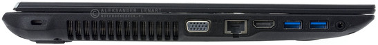 lewy bok: gniazdo blokady Kensingtona, wylot powietrza z układu chłodzenia, VGA/D-Sub, LAN, HDMI, 2 USB 3.0