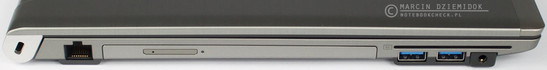 lewy bok: gniazdo linki zabezpieczającej, LAN, napęd optyczny, dwa USB 3.0, czytnik kart inteligentnych, gniazdo audio
