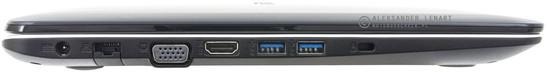 lewy bok: gniazdo zasilania, LAN, VGA/D-­Sub, HDMI, dwa USB 3.0, gniazdo blokady Kensingtona