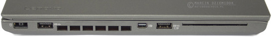 lewy bok: gniazdo zasilania, USB 3.0, kratka wentylacyjna układu chłodzenia, mini DisplayPort, USB 3.0 (funkcja ładowania), czytnik kart inteligentnych (SmartCard)