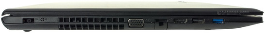 lewy bok: gniazdo zasilania, przycisk przywracania ustawień fabrycznych, wylot powietrza z układu chłodzenia, VGA, LAN, HDMI, USB 2.0, USB 3.0