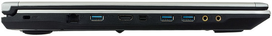 lewy bok: gniazdo blokady Kensingotona, LAN, USB 3.0 (power), HDMI, mini DisplayPort, 2 USB 3.0, 2 gniazda audio