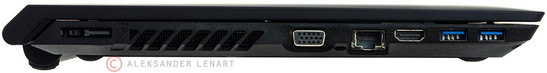 lewy bok: gniazdo zasilania, gniazdo stacji dokowania OneLink, wylot powietrza z układu chłodzenia, VGA, LAN, HDMI, 2 USB 3.0