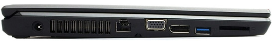 lewy bok: gniazdo zasilania, LAN, VGA, DisplayPort, USB 3.0, czytnik kart pamięci
