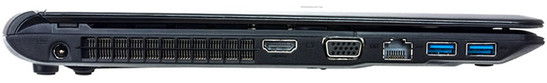 lewy bok: gniazdo zasilania, wylot powietrza z układu chłodzenia, HDMI, VGA, LAN, 2 USB 3.0