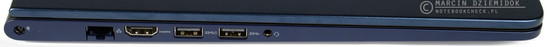 lewy bok: gniazdo zasilania, LAN, HDMI, USB 3.0 (ładowanie), USB 3.0, gniazdo audio