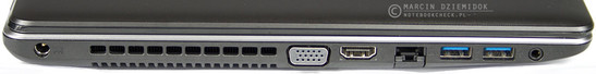 lewy bok: gniazdo zasilania, wylot powietrza z układu chłodzenia, VGA, HDMI, LAN, dwa USB 3.0, gniazdo audio