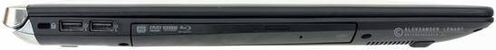 lewy bok: gniazdo blokady Kensingtona, 2 USB 2.0, napęd optyczny (Blu-ray)