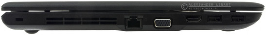 lewy bok: gniazdo blokady Kensingtona, wylot powietrza z układu chłodzenia, LAN, VGA/D-Sub, HDMI, dwa USB 3.0 (jedno z funkcją ładowania)
