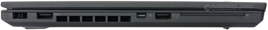 lewy bok: gniazdo zasilania, USB 3.0, wylot powietrza z układu chłodzenia, mini DisplayPort, USB 3.0 (power), czytnik SmartCard