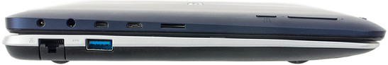 lewy bok: gniazdo zasilania, gniazdo audio w jednym, mikro HDMI, mikro USB, czytnik microSD + w stacji bazowej LAN, USB 3.0