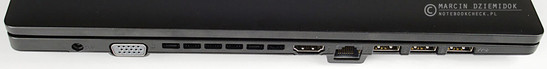 lewy bok: gniazdo zasilania, VGA, wylot powietrza z układu chłodzenia, HDMI, LAN, 3 USB 3.0