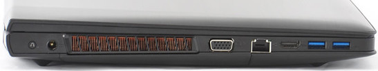 lewy bok: przycisk przywracania systemu (Recovery), gniazdo zasilania, otwory wentylacyjne, VGA, LAN, HDMI, 2 USB 3.0