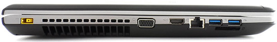 lewy bok: gniazdo zasilania, wylot powietrza z układu chłodzenia, VGA, HDMI, LAN, 2 USB 3.0