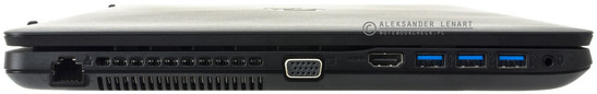lewy bok: LAN, szczeliny układu chłodzenia, D-Sub, HDMI, 3 USB 3.0, audio