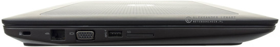 lewy bok: gniazdo blokady Kensingtona, LAN, VGA, USB 3.0 (z funkcją ładowania), czytnik kart pamięci