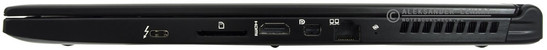 prawy bok: USB 3.1 typu C, czytnik kart pamięci, HDMI 1.4, mini DisplayPort, LAN, przycisk resetowana baterii, szczeliny wentylacyjne
