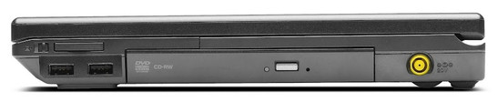 prawy bok: przełącznik Wi-Fi, czytnik kart pamięci, 2 USB 2.0, napęd optyczny (DVD), gniazdo zasilania