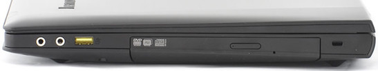 prawy bok: 2 gniazda audio, USB 2.0, napęd optyczny w kieszeni Ultrabay, gniazdo blokady Kensingtona