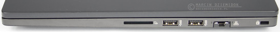 prawy bok: czytnik kart pamięci, dwa USB 3.0, RJ-45 (LAN), gniazdo blokady Kensingtona