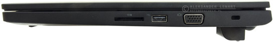 prawy bok: czytnik kart pamięci, USB 2.0, VGA/D-Sub, gniazdo blokady Kensingtona