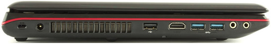 lewy bok: gniazdo blokady Kensingtona, gniazdo zasilania, USB 2.0, HDMI, 2 USB 3.0, 2 gniazda audio