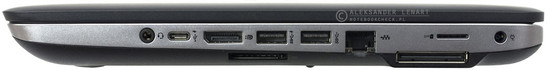 prawy bok: gniazdo audio, USB 3.1 typu C, DisplayPort, czytnik kart pamięci, 2 USB 3.0 (w tym pierwsze z funkcją ładowania), LAN, port stacji dokującej, gniazdo karty SIM, gniazdo zasilania