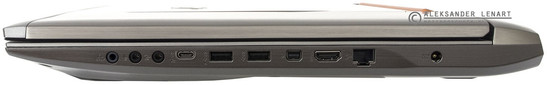 prawy bok: trzy gniazda audio, USB 3.1 typu C (z Thunderboltem 3), dwa USB 3.0, mini DisplayPort, HDMI, LAN, gniazdo zasilania