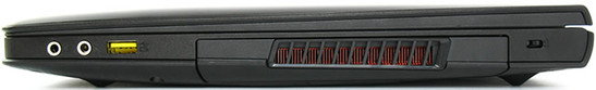prawy bok: gniazda audio, USB 2.0 (Always-On USB), kieszeń UltraBay, gniazdo blokady Kensingtona
