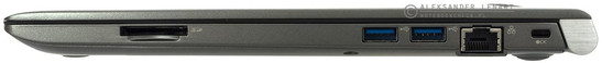 prawy bok: czytnik kart pamięci, dwa USB 3.0, LAN, gniazdo blokady Kensingtona