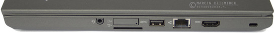 prawy bok: gniazdo audio, miejsce na karty mikro SIM, czytnik kart pamięci 4 w 1, USB 3.0, RJ 45, HDMI, gniazdo linki zabezpieczającej