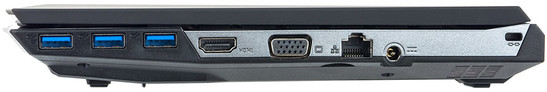 prawy bok: 3 USB 3.0, HDMI, VGA (D-Sub), LAN, gniazdo zasilania, gniazdo blokady Kensingtona