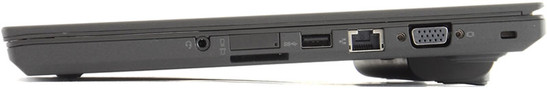 prawy bok: gniazdo audio, miejsce na kartę SIM (testowany egzemplarz nie posiadał modemu WWAN), czytnik kart pamięci, USB 3.0, LAN, VGA, gniazdo blokady Kensingtona