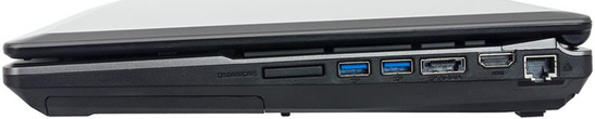 prawy bok: akumulator, czytnik kart pamięci, 2 USB 3.0, eSATA/USB 3.0, HDMI, LAN
