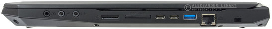 prawy bok: trzy gniazda audio, gniazdo na kartę SIM, czytnik kart pamięci, dwa USB 3.1 typu C, USB 3.0, LAN, zaczep na linkę blokady Kensingtona