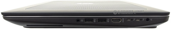 prawy bok: czytnik kart inteligentnych, gniazdo audio, 2 USB 3.0, HDMI, 2 Thunderbolt 3, gniazdo zasilania