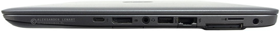 prawy bok: USB 3.1 typu C, DisplayPort, czytnik kart pamięci, gniazdo audio, USB 3.0, LAN, port dokowania, miejsce na kartę SIM, gniazdo zasilania