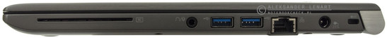 prawy bok: czytnik kart inteligentnych, gniazdo audio, dwa USB 3.0, LAN, gniazdo zasilania, gniazdo blokady Kensingtona