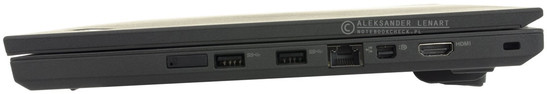 prawy bok: gniazdo na kartę SIM, dwa USB 3.0, LAN, mini DisplayPort, HDMI, gniazdo blokady Kensingtona