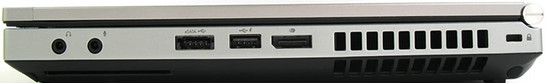 prawy bok: gniazda audio, czytnik kart inteligentnych SmartCard, USB/eSATA, USB 2.0, DisplayPort, wylot powietrza z układu chłodzenia, gniazdo blokady Kensingtona