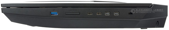 prawy bok: USB 3.0, czytnik kart pamięci, dwa USB 3.1 typu C, dwa mini DisplayPorty, zaczep na linkę blokady Kensingtona