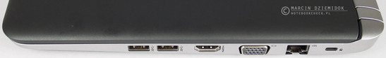 prawy bok: 2 USB 3.0, HDMI, VGA, LAN, gniazdo linki zabezpieczającej