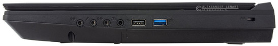 prawy bok: cztery gniazda audio, USB 2.0, USB 3.0, zaczep na linkę blokady Kensingtona