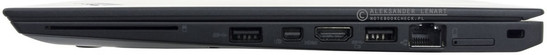 prawy bok: czytnik kart inteligentnych (Smart Card), USB 3.0, mini DisplayPort, HDMI, USB 3.0 (z funkcją zasilania), LAN, miejsce na kartę SIM, gniazdo blokady Kensingtona