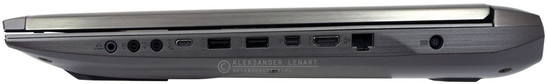 prawy bok: 3 gniazda audio, USB 3.1 typu C (Thunderbolt 3), 2 USB 3.0, mini DisplayPort, HDMI, LAN, gniazdo zasilania