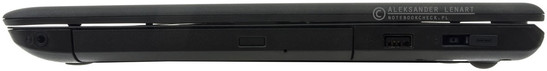 prawy bok: gniazdo audio, napęd optyczny (DVD), USB 3.0, gniazdo zasilania, gniazdo stacji dokowania OneLink
