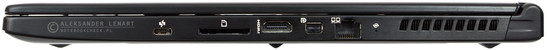 prawy bok: USB 3.1 typu C, czytnik kart pamięci, HDMI 1.4, mini DisplayPort, LAN, przycisk resetowana baterii, otwory wentylacyjne